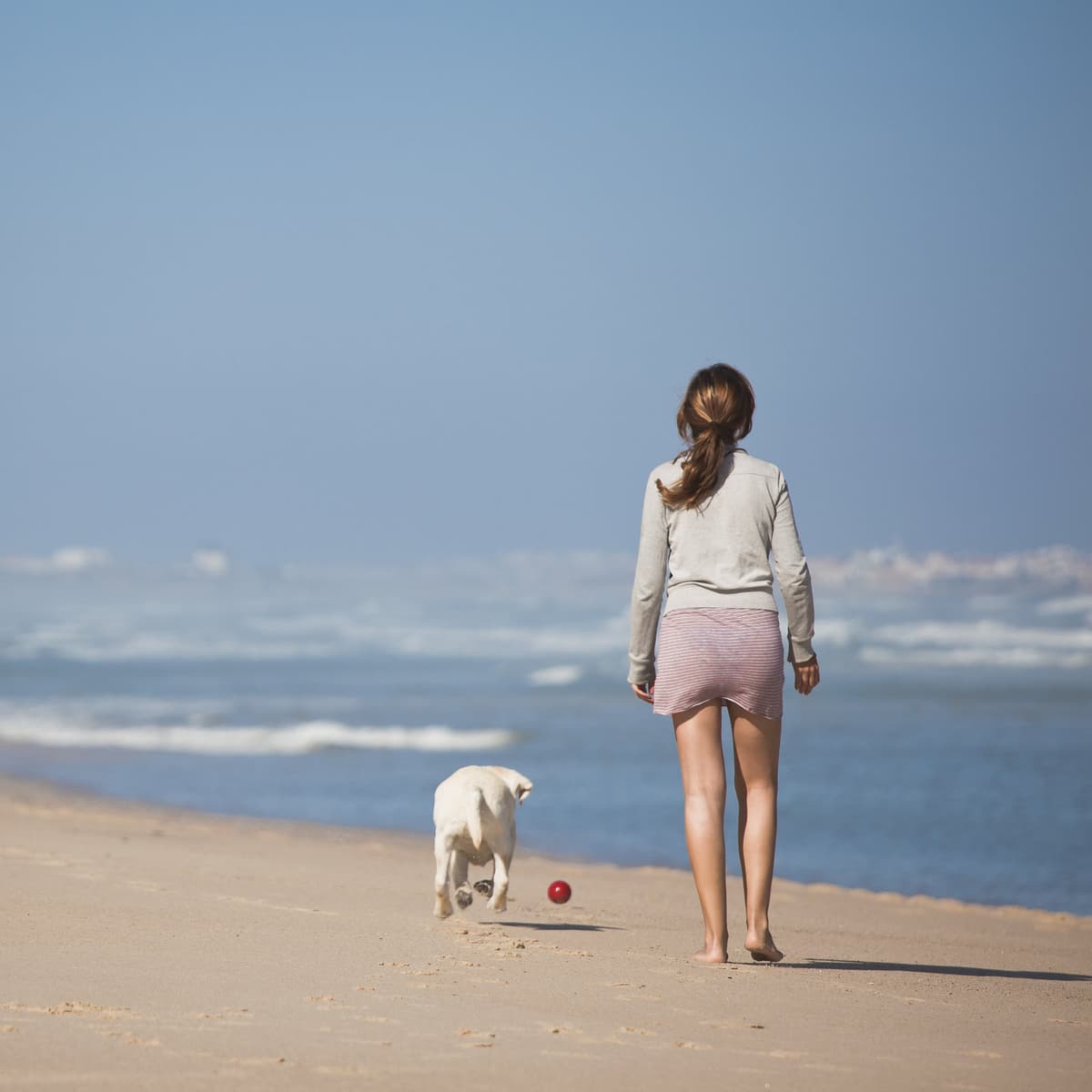 Foto van een vrouw die met haar hond op het strand wandelt